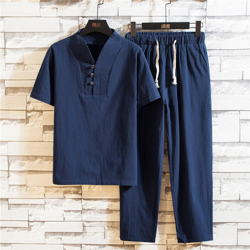 Men's Linen Summer Set with Short Sleeves and Trousers