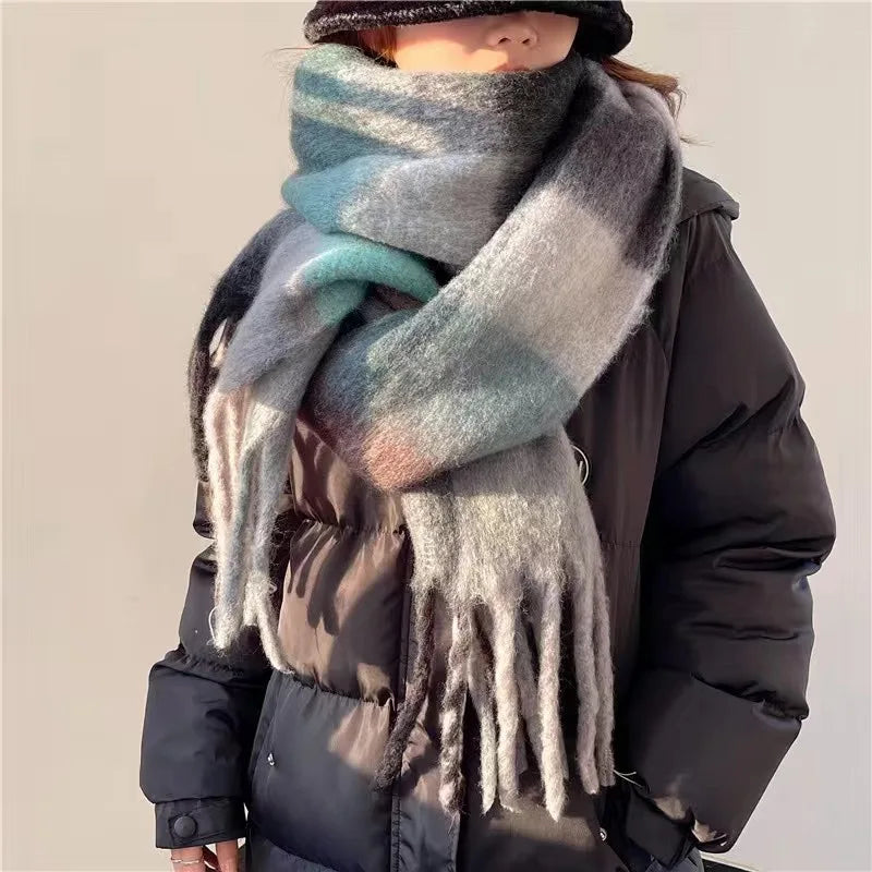 Oversized Woven Winter Scarf with Fringed Gradient Design