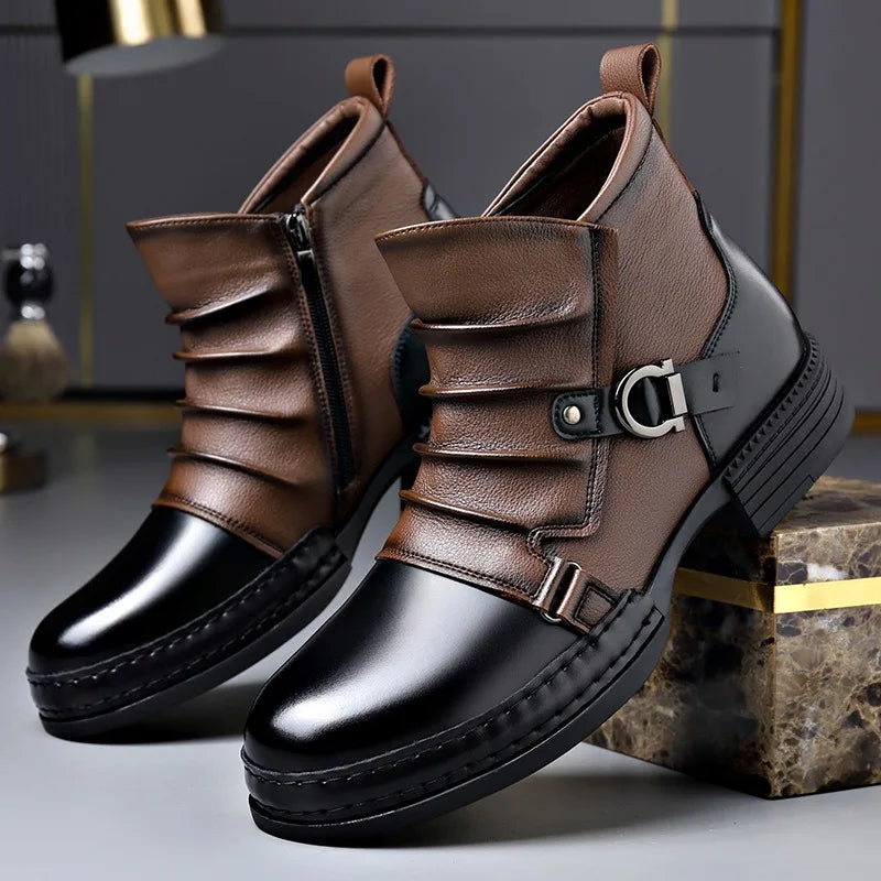 Men's Genuine Leather Ankle Boots with Side Zip and Buckle Strap