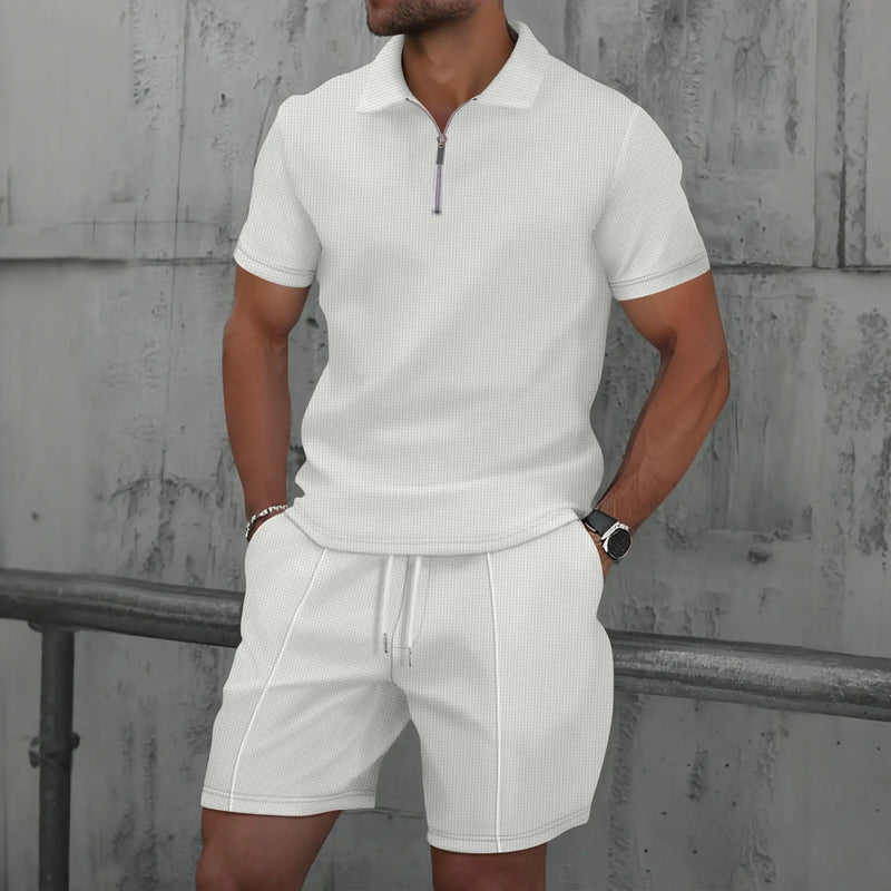 Men's Summer Set with Zip Collar Polo and Comfortable Shorts