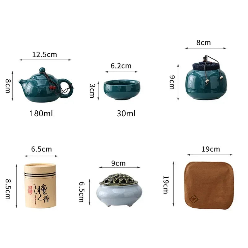 Traditional Ceramic Tea Set with Teapot, Cups, and Incense Holder for Relaxing Tea Moments