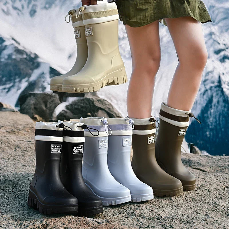 Women’s Rubber Rain Boots with Drawstring Cuffs and Textured Tread