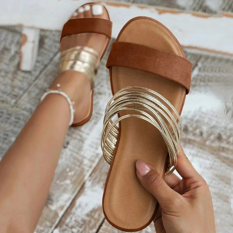 Ladies Slip-On Sandals with Comfortable Sole and Decorative Strap Rings