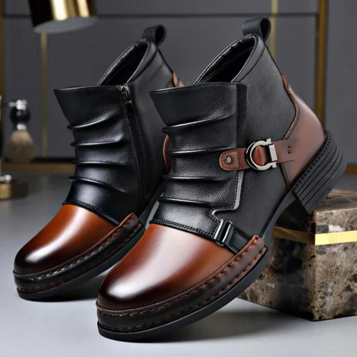 Men's Genuine Leather Ankle Boots with Side Zip and Buckle Strap