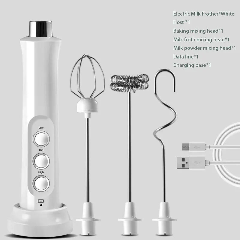3-in-1 Rechargeable Electric Milk Frother with Adjustable Speed & Mixing Attachments