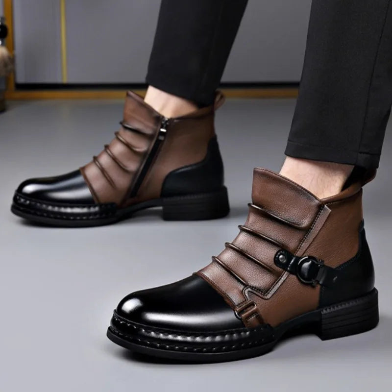 Men's Genuine Leather Ankle Boots with Side Zip and Buckle Strap
