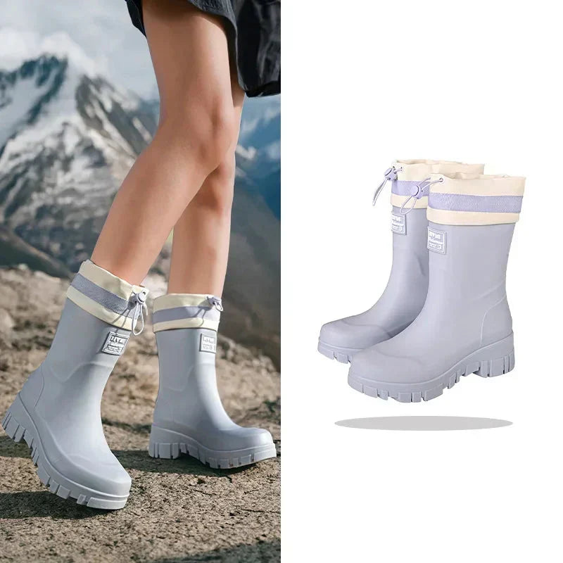 Women’s Rubber Rain Boots with Drawstring Cuffs and Textured Tread