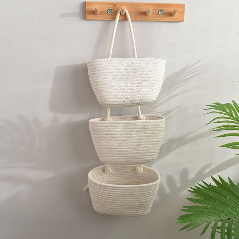 Three-Tier Woven Cotton Hanging Baskets for Wall Storage