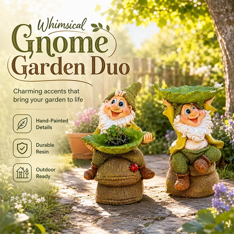 Decorative Garden Gnome with Leaf-Shaped Bird Feeding Bowl