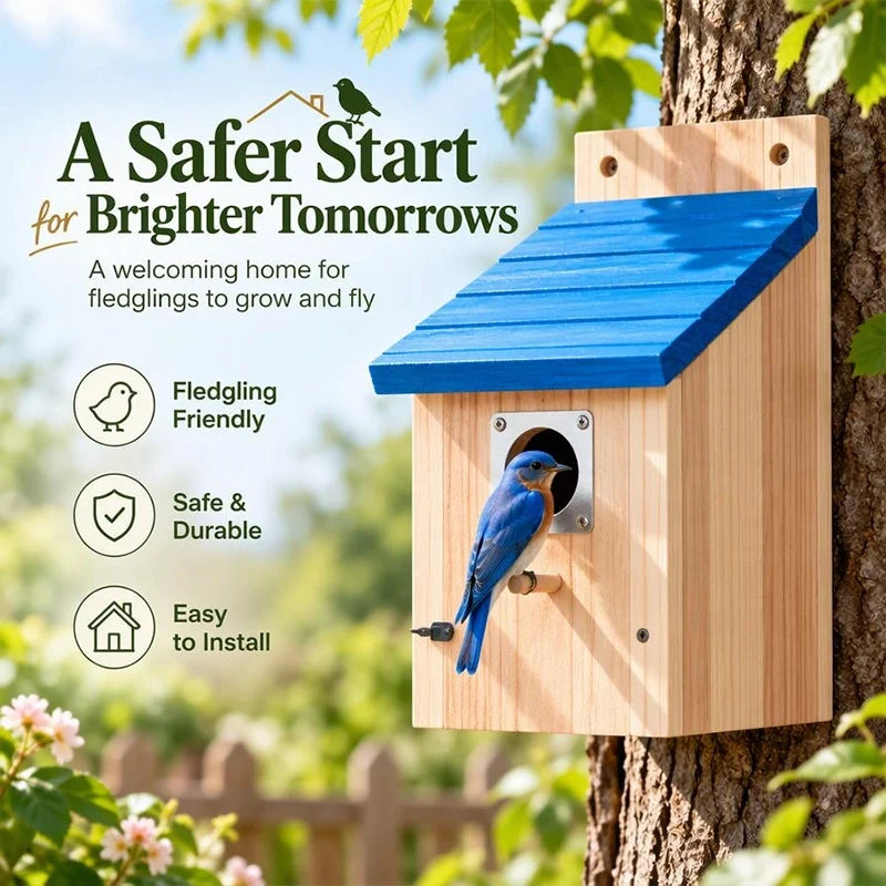 Wooden Garden Birdhouse with Blue Pitched Roof