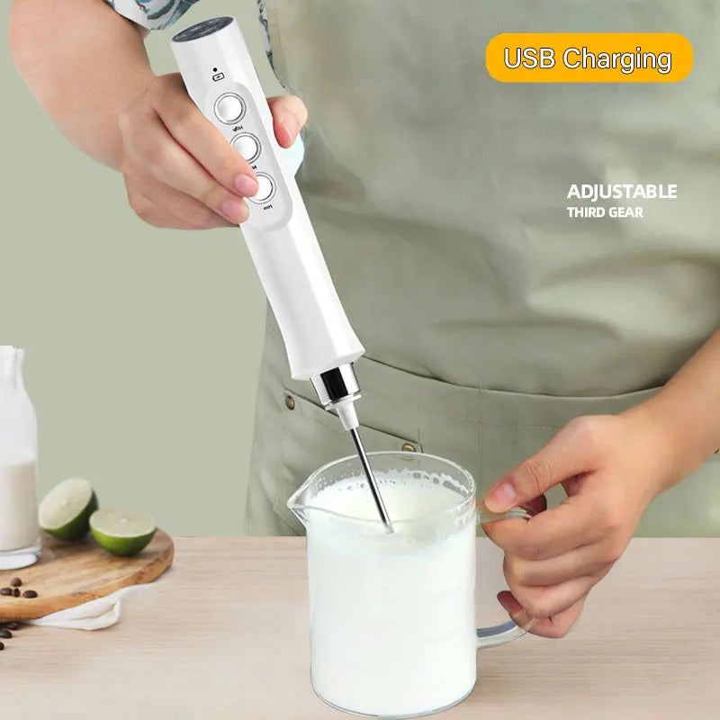 3-in-1 Rechargeable Electric Milk Frother with Adjustable Speed & Mixing Attachments