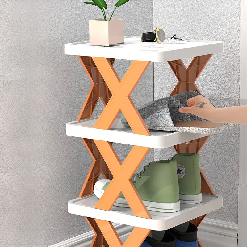 Folding Shoe Rack with Tiered Shelves and X-Frame Sides for Hallways