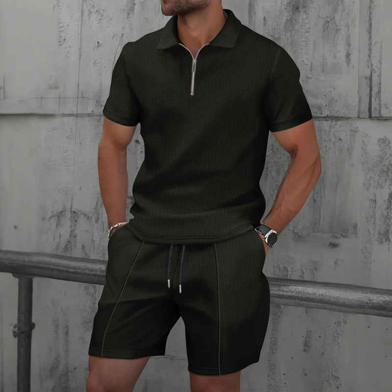 Men's Summer Set with Zip Collar Polo and Comfortable Shorts