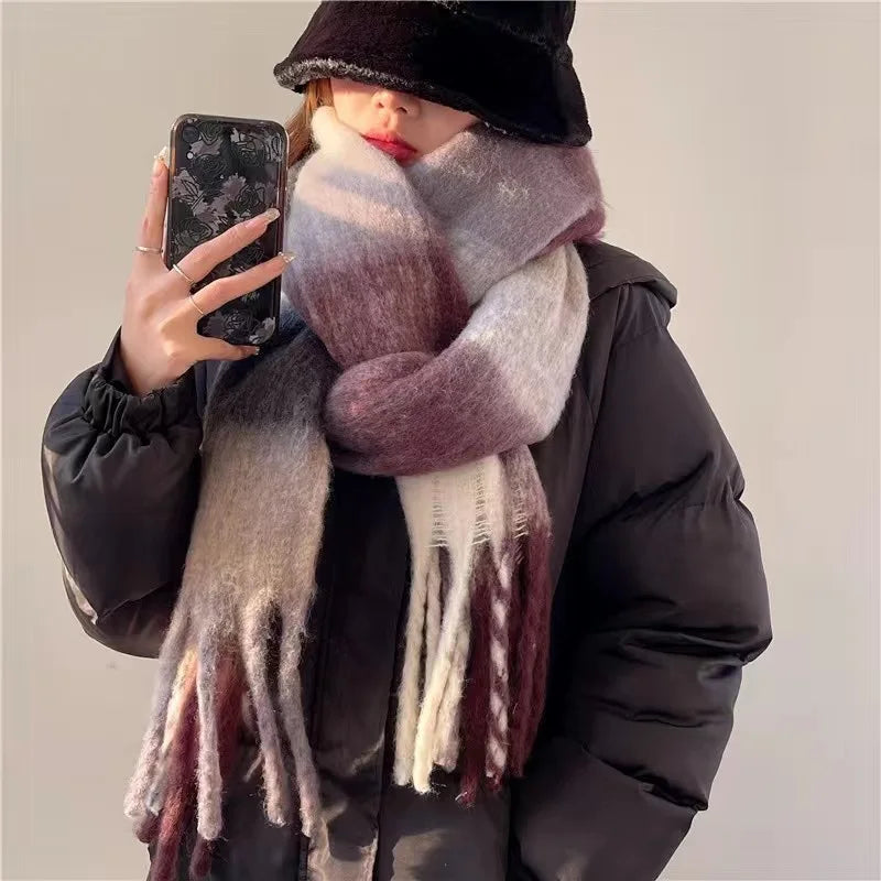 Oversized Woven Winter Scarf with Fringed Gradient Design