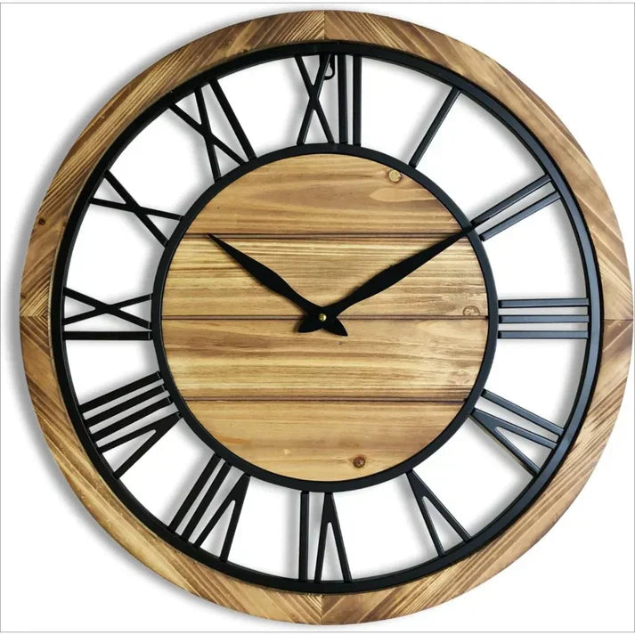 Rustic Wooden Wall Clock with Roman Numerals for Living Room or Hall