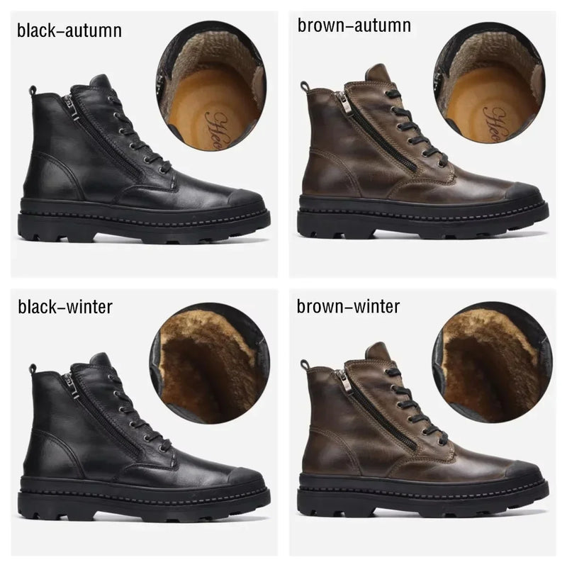 Vintage Men's Leather Boots with Lace and Zip Closure – Warm, Sturdy and Durable
