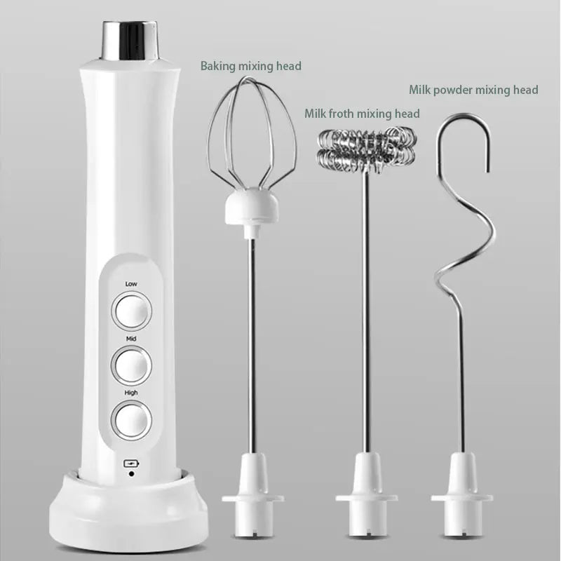 3-in-1 Rechargeable Electric Milk Frother with Adjustable Speed & Mixing Attachments