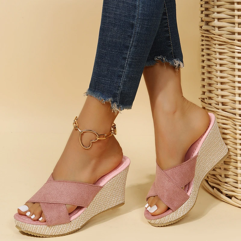 Comfortable Ladies Wedge Sandals with Cross Straps and Supportive Footbed