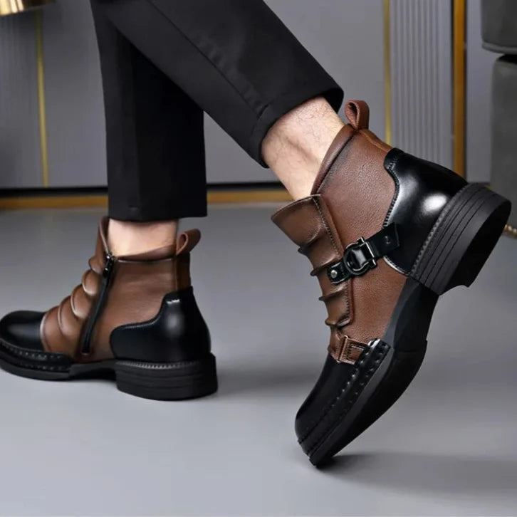 Men's Genuine Leather Ankle Boots with Side Zip and Buckle Strap