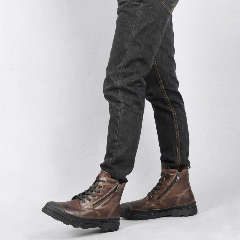 Vintage Men's Leather Boots with Lace and Zip Closure – Warm, Sturdy and Durable