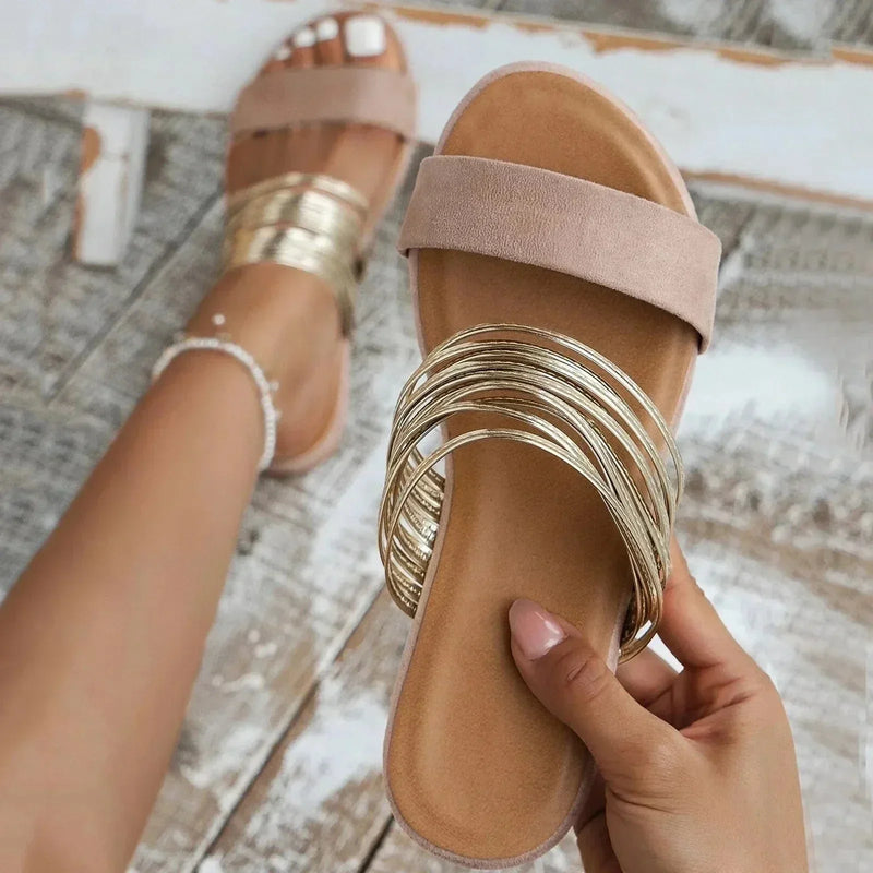 Ladies Slip-On Sandals with Comfortable Sole and Decorative Strap Rings