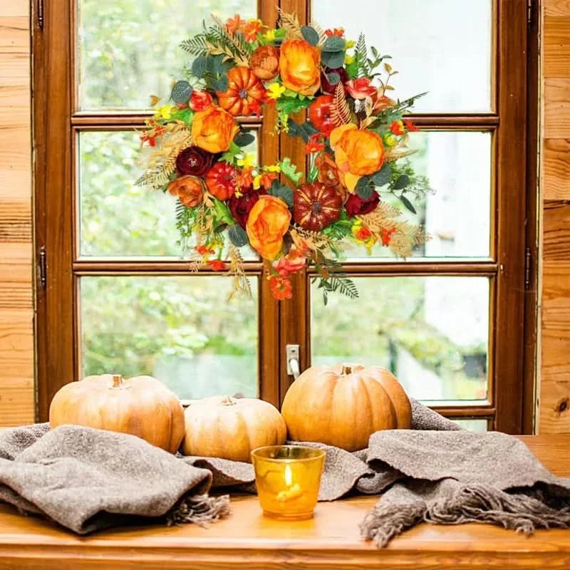 Autumn Floral Wreath with Pumpkins and Layered Foliage