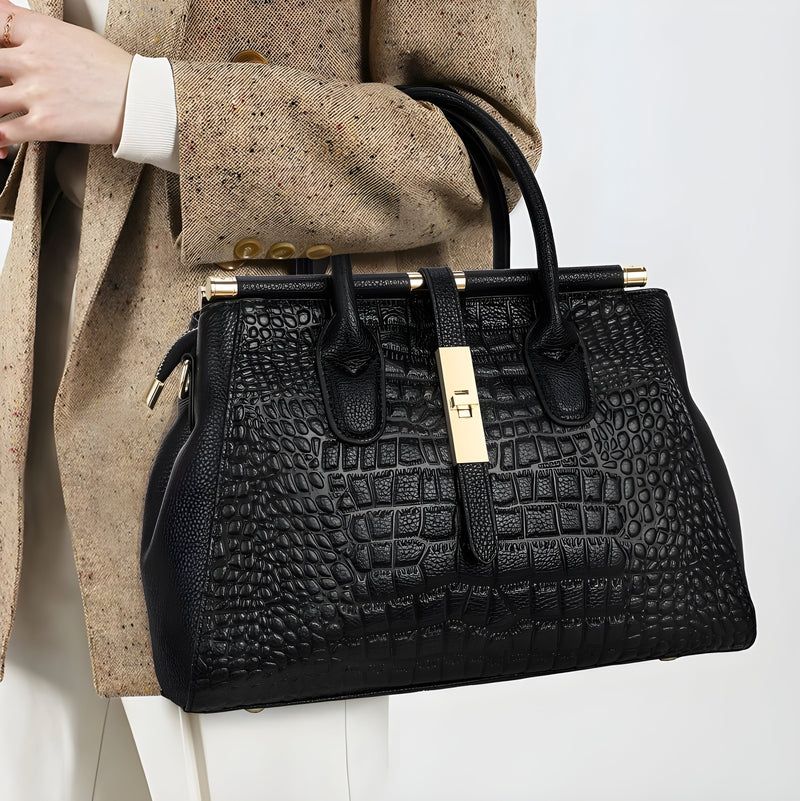 Ladies' Leather Handbag with Alligator Relief and Multiple Compartments