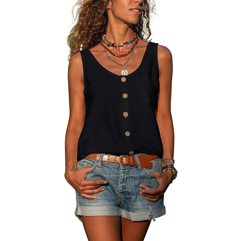 Ladies' Tank Top with Button Detail and Round Neck Summer Top