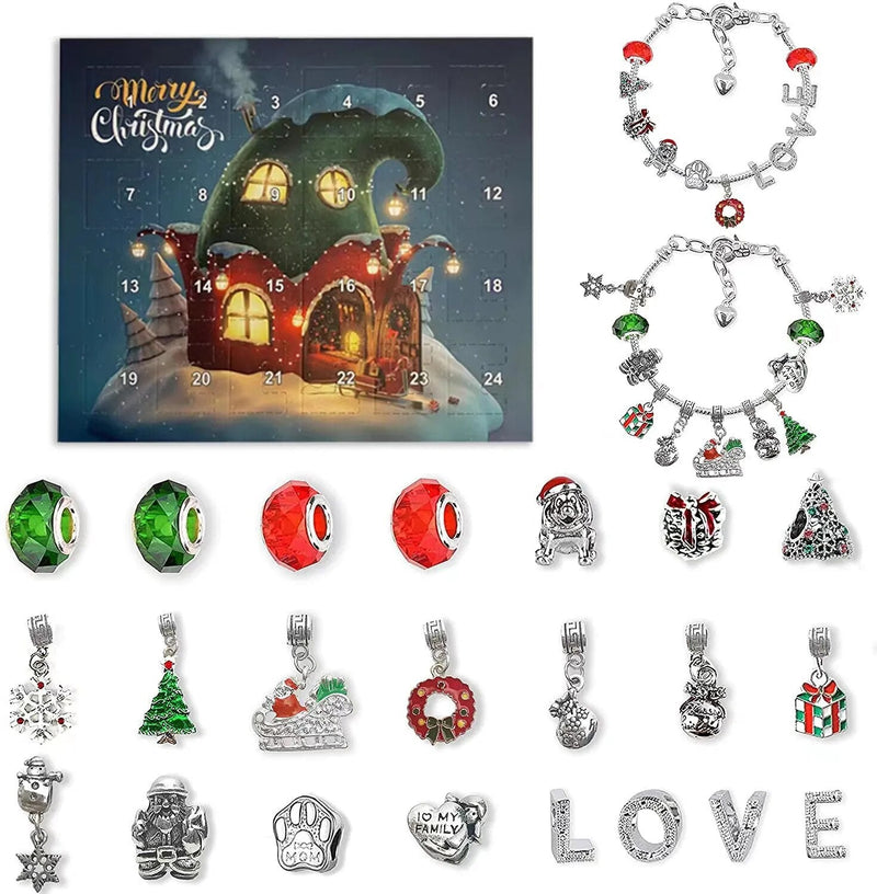 24-Day Christmas Jewellery Advent Calendar with Bracelet & Festive Charms