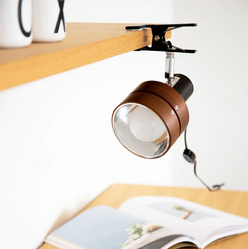 Adjustable Wood and Metal Clip-On Lamp for Desks and Shelves