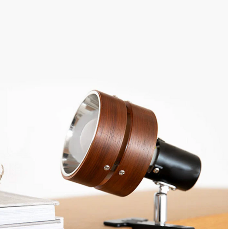 Adjustable Wood and Metal Clip-On Lamp for Desks and Shelves