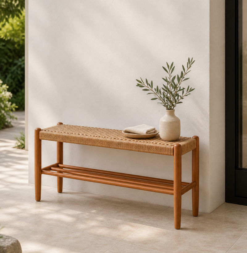 Japanese Cherry Wood Bench with Woven Cowhide Rope Seat