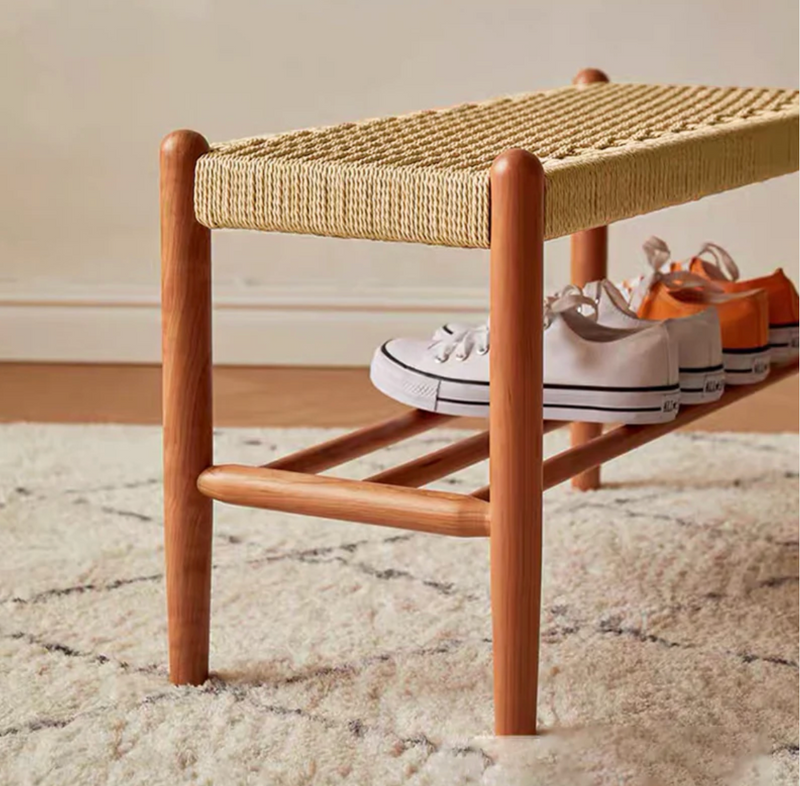 Japanese Cherry Wood Bench with Woven Cowhide Rope Seat