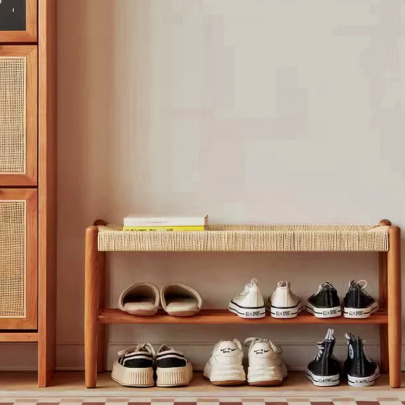 Japanese Cherry Wood Bench with Woven Cowhide Rope Seat