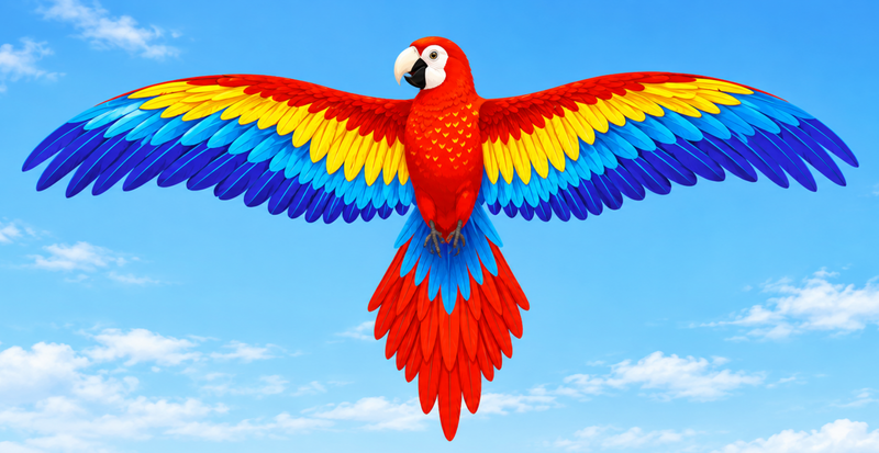 Parrot Kite with Large Colourful Wings and Long Tail Ribbons