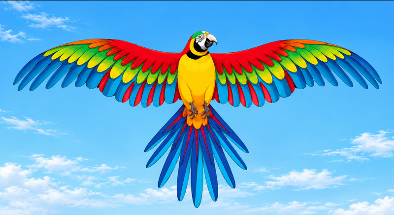 Parrot Kite with Large Colourful Wings and Long Tail Ribbons
