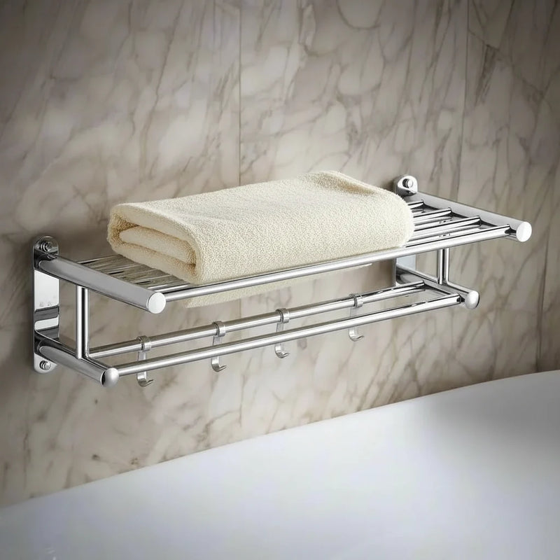 Wall-Mounted Stainless Steel Towel Rack with Shelf and Hooks