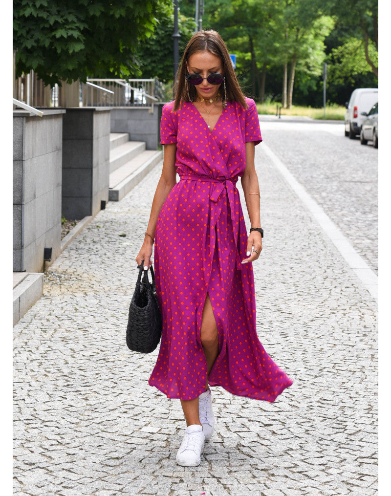 Light Floral Print Summer Dress for Women with Waistband and Split