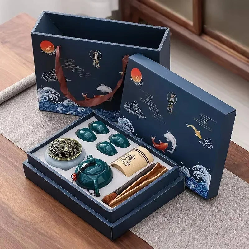 Traditional Ceramic Tea Set with Teapot, Cups, and Incense Holder for Relaxing Tea Moments