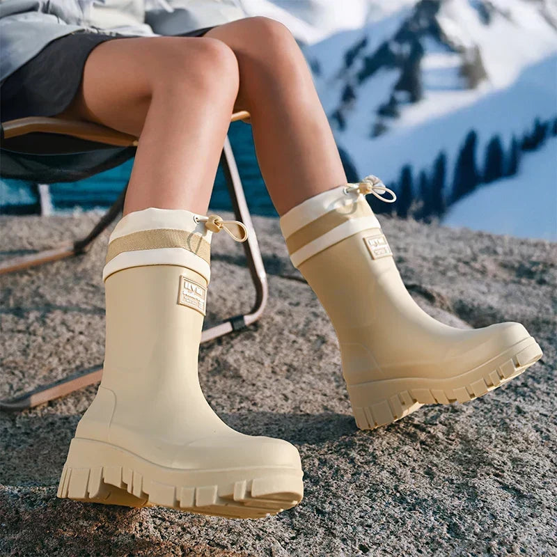Women’s Rubber Rain Boots with Drawstring Cuffs and Textured Tread
