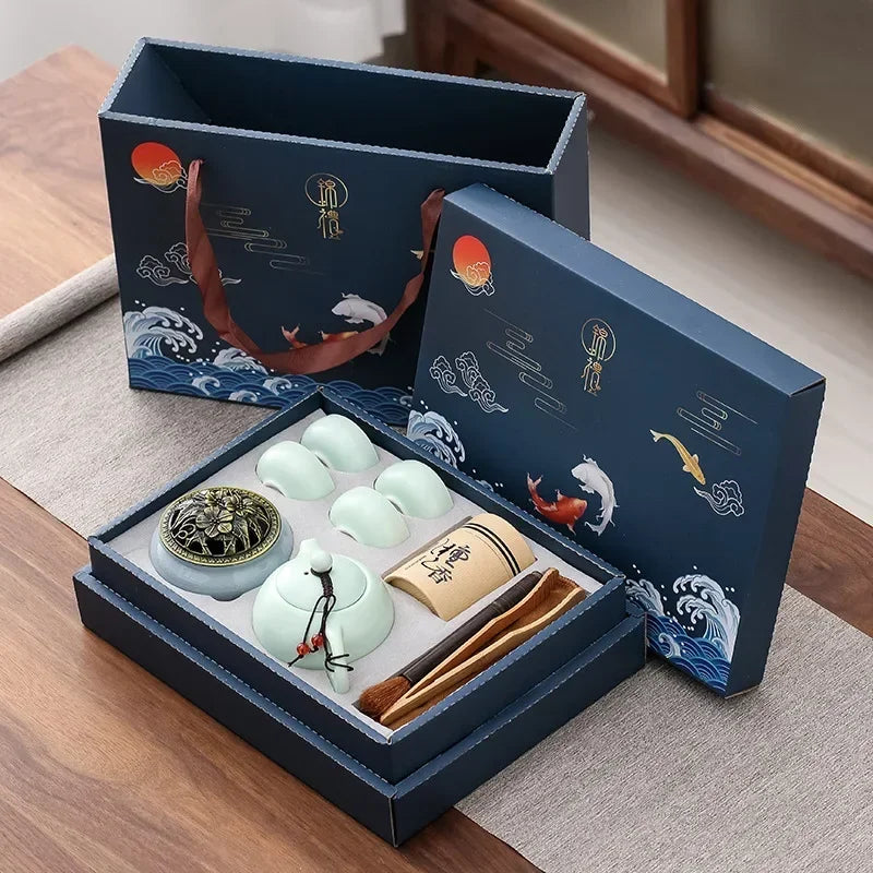 Traditional Ceramic Tea Set with Teapot, Cups, and Incense Holder for Relaxing Tea Moments