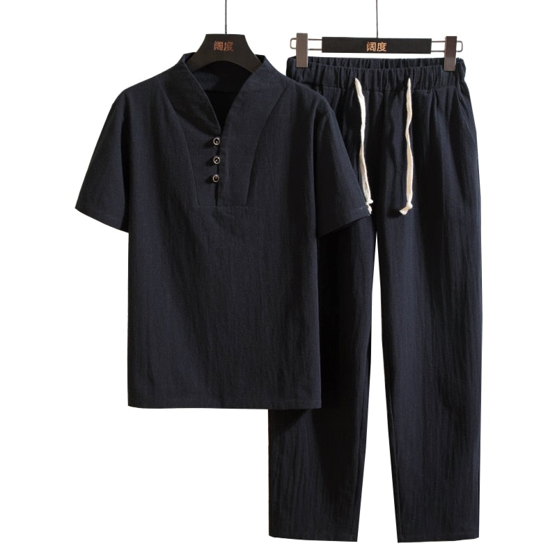 Men's Linen Summer Set with Short Sleeves and Trousers