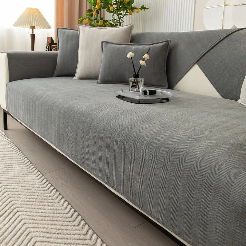 Chenille Sofa Seat Cover with Herringbone Texture and Washable Fabric