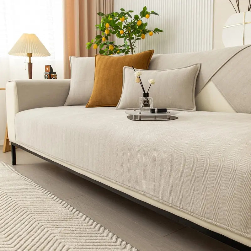 Chenille Sofa Seat Cover with Herringbone Texture and Washable Fabric
