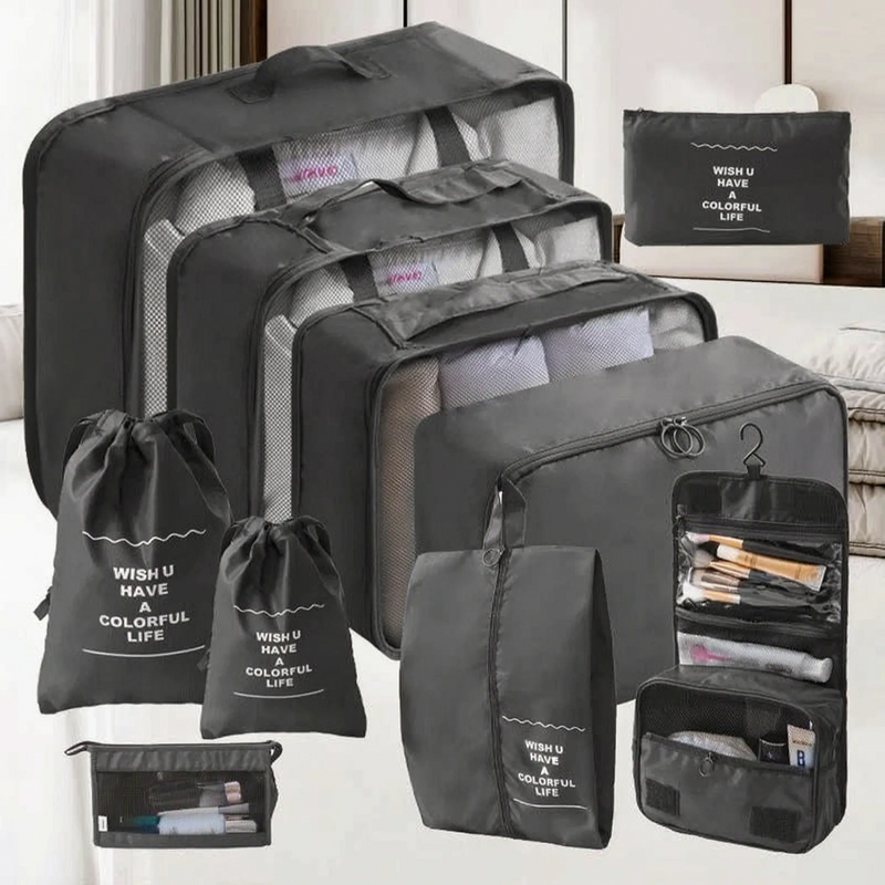 Ten-Piece Packing Cube Set with Shoe Bag and Hanging Wash Bag
