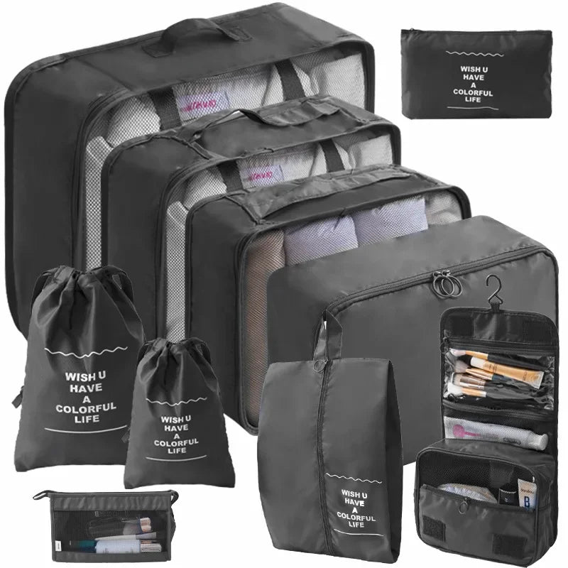 Ten-Piece Packing Cube Set with Shoe Bag and Hanging Wash Bag
