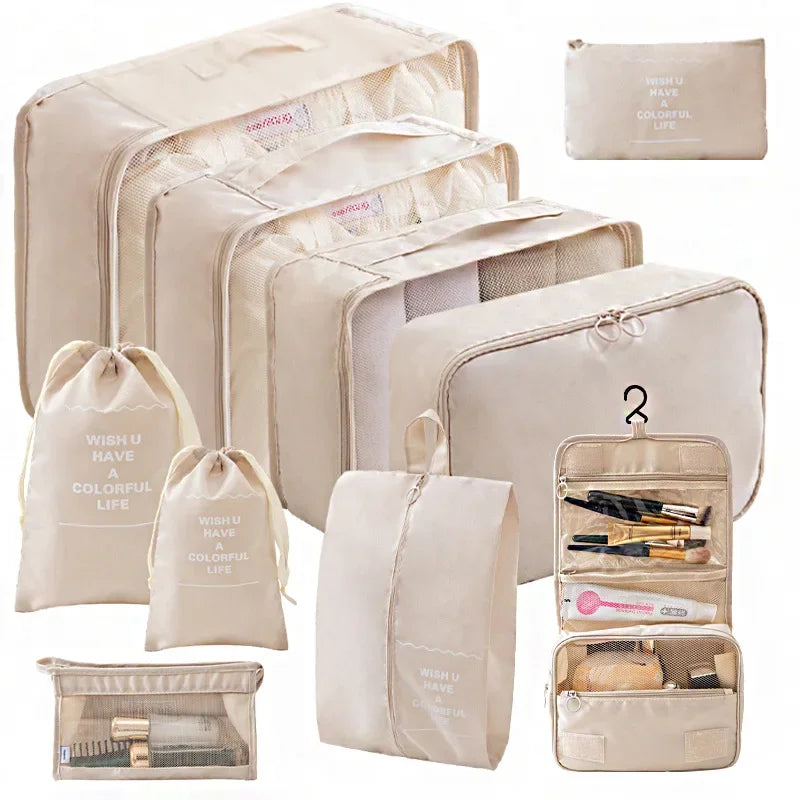 Ten-Piece Packing Cube Set with Shoe Bag and Hanging Wash Bag