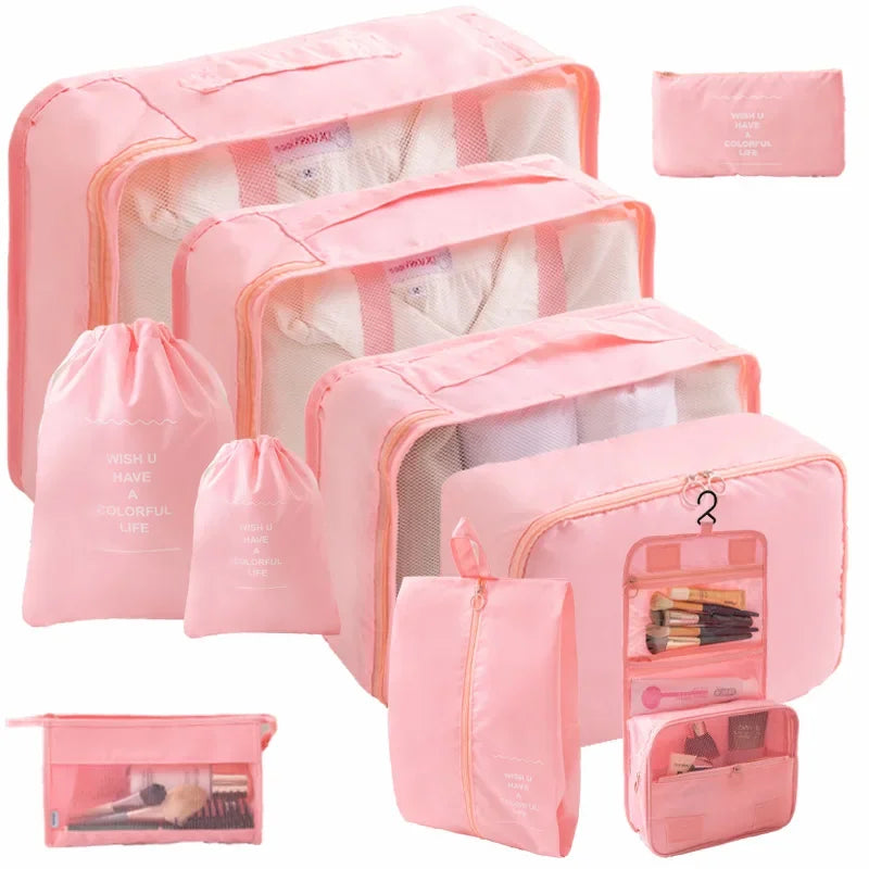Ten-Piece Packing Cube Set with Shoe Bag and Hanging Wash Bag