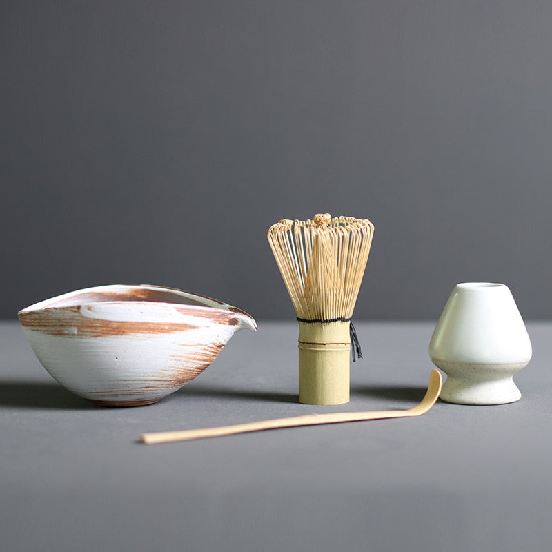 Traditional Matcha Tea Set with Bamboo Whisk and Ceramic Bowl