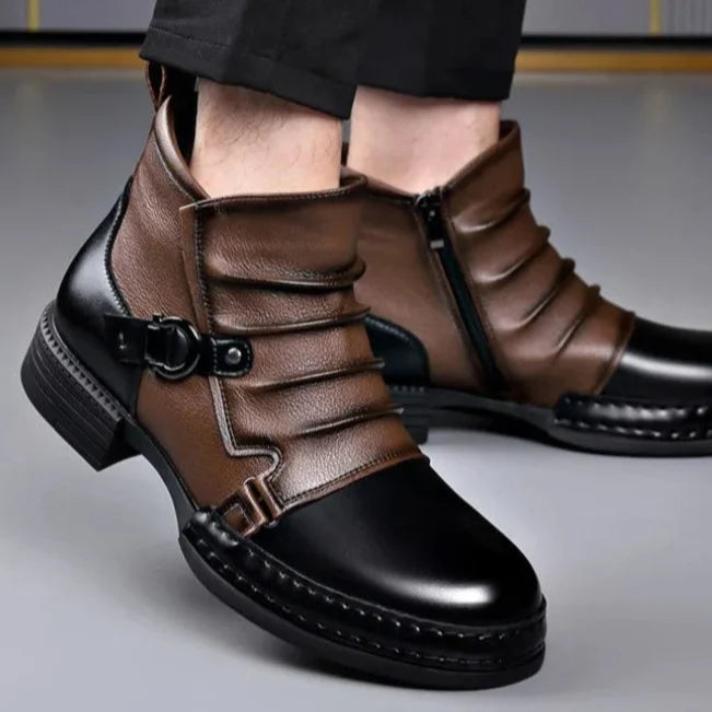 Men's Genuine Leather Ankle Boots with Side Zip and Buckle Strap